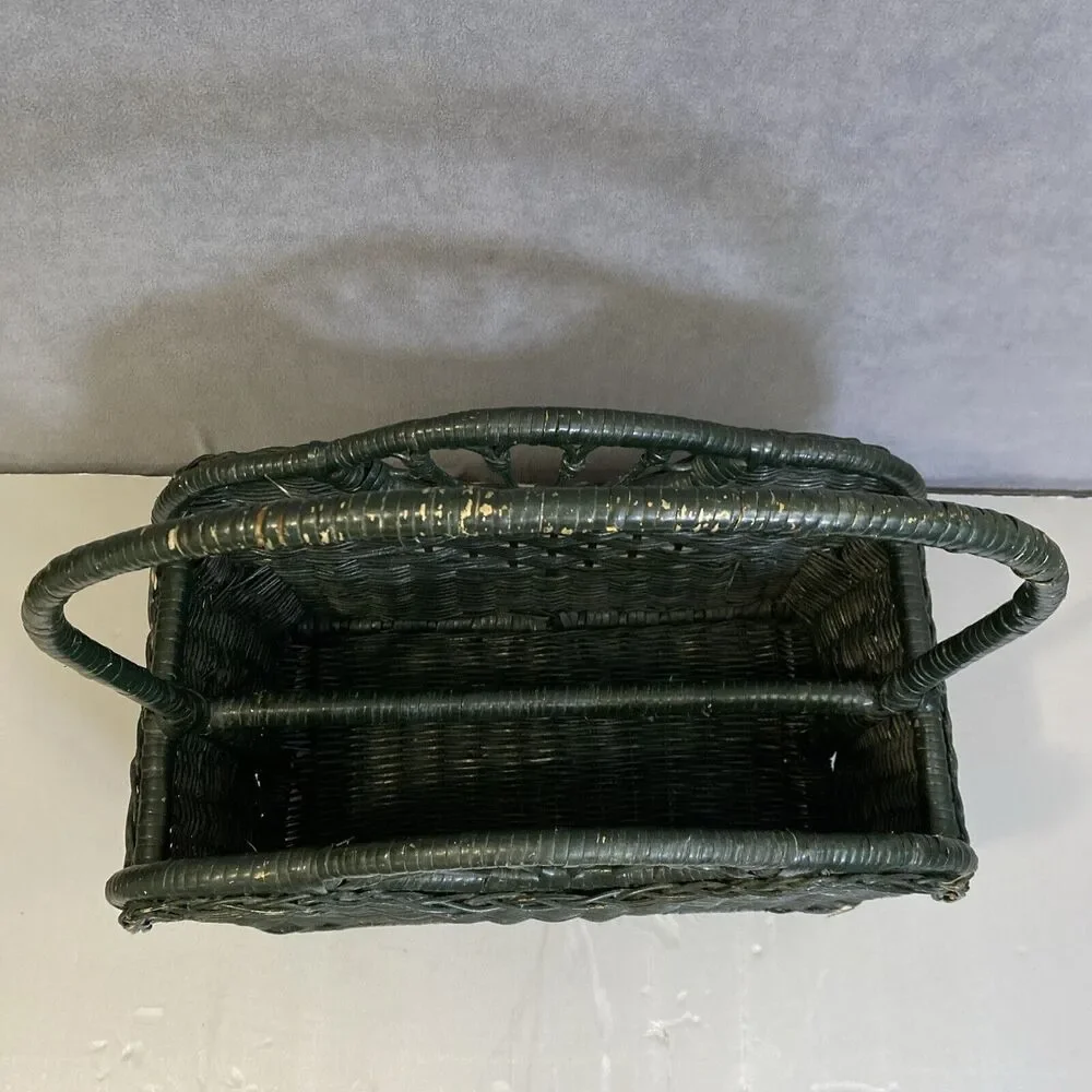 VTG Wicker Magazine Towel Record Storage Basket Green Peacock Shabby Cottage 60s